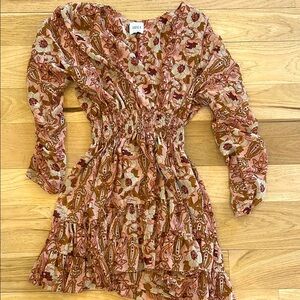 Misa Los Angeles Pink and Brown Floral Long-Sleeve Smocked Waist Dress